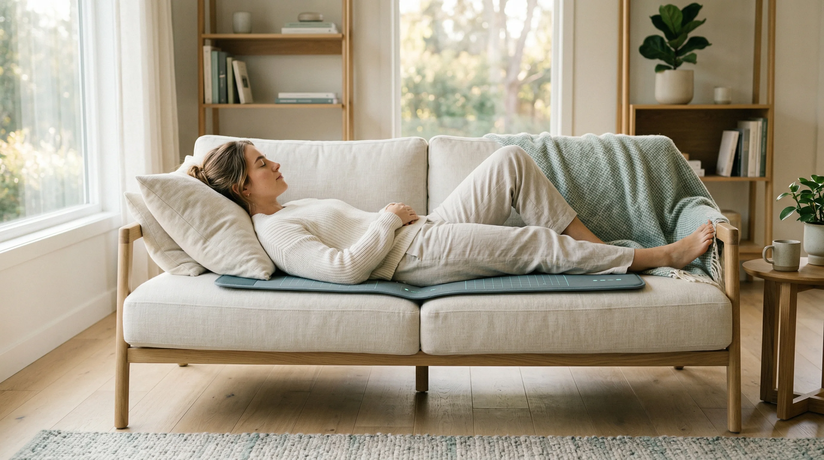 Osoba korzystająca z urządzenia BEMER w domu, leżąca wygodnie na kanapie